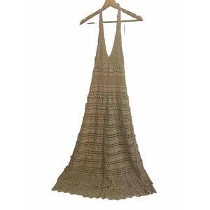 Moda International Crochet Knit Halter Maxi Mermaid Wedding Dress Size XL Beige